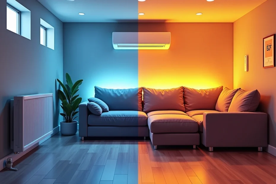 Basement living room split between cool blue lighting with radiator and warm orange lighting with air conditioner heating unit.The right basement heating options make a significant difference in spaces that naturally stay 5–15°F cooler than the rest of your home. Your basement's below-ground location leads to more moisture retention and lower temperatures, which creates unique heating challenges. Picking the right heating system needs careful thought. Low-profile installation becomes vital, particularly in finished basements where ceiling height is limited. On top of that, it must handle moisture well, spread heat evenly, and save energy. Many homeowners find ductless mini-splits to be their best option. These systems let you control temperatures in different zones separately and can substantially cut down your energy costs. A more budget-friendly choice could be portable space heaters that start at $40 and work great in smaller basement areas. This piece will show you smart heating options that can help slash your energy bills and keep your basement comfortable throughout the year. Why basements are harder to heat Basements create unique heating challenges that make them hard to warm up properly. Research from the U.S. Department of Energy shows basements cause about 20% of a home's total heat loss. This makes basement heating efficiency crucial for homeowners who want to cut their energy costs. Lack of sunlight and insulation Upper floors get plenty of sunshine, but basements barely see any natural light that could warm them during the day. Your basement stays cool no matter what the temperature is outside. The surrounding soil keeps temperatures low throughout the year, and heat moves from your warm basement into the cold earth. Your basement's construction might be the biggest problem. Most foundations use concrete, which soaks up moisture and cold from the ground around it. Cold seeps right into your living space if you don't have proper insulation. Many homeowners face systemic problems because their basements didn't get enough insulation when they were finished, which leads to cold spots and drafts. Moisture and humidity issues Moisture makes it extra hard to heat your basement. Low temperatures feel much colder than they actually are when you add dampness to the mix. Basements naturally collect more humidity because they sit underground. Water droplets form when warm air touches cool basement surfaces, especially in summer when people open their basement windows. This creates an ongoing cycle of dampness, and you'll often see a "ring of dampness" where the walls meet the floor. Poor air circulation from main HVAC Basic physics creates another challenge: hot air rises. Your thermostat might read a cozy 72°F, but the warmth from forced air systems or baseboard heaters floats up, leaving your basement nowhere near as warm. This stack effect pulls even more cold air through tiny gaps because it creates negative pressure downstairs. Regular HVAC systems have a hard time heating basements properly. Most basement ductwork and vents might keep pipes from freezing but can't make the space truly comfortable. Cold air gets trapped and sits there because it doesn't move around enough, which makes your already chilly basement feel even colder. What to look for in a smart basement heating system Choosing the right basement heating system means understanding everything in below-grade spaces. After looking at various basement heating options, I found four crucial factors that make smart systems stand out from standard ones. Energy efficiency and cost savings Smart basement heating can cut your utility bills drastically. The U.S. Department of Energy reports that HVAC system zoning helps homeowners save up to 30% on typical heating bills. Ductless mini-split heat pumps are impressive - they work three times better than traditional HVAC systems. These systems produce more heat while using less energy. Smart thermostats make things even better. They adjust settings based on who's home and what the weather's like, which stops unnecessary heating. You can also set up automatic schedules that turn the heat on just when you need it. Zoning and temperature control You can control temperatures in different parts of your basement with zoning features. This creates tailored comfort zones and heats only the spaces you use. Your basement's heating system needs its own thermostat zone. This stops the rest of your house from getting too hot. Basement-specific smart thermostats give you exact temperature control and scheduling options that cut energy use by a lot. Low-profile and space-saving design Traditional radiant floor systems can make your floor 1.5 inches higher - a real issue if your basement ceiling is already low. Ultra-thin radiant panels are a great alternative. They keep your headroom while heating well. Wall-mounted options like electric panels and ductless mini-splits help save floor space. Modern electric wall heaters are just 3 inches thick but heat rooms evenly and powerfully. Moisture resistance and safety Quality heating systems built for basements resist moisture well. This helps them last longer and avoid damage. Safety comes first with features like tip-over protection and automatic overheat shutoff. Carbon monoxide detectors are vital for gas-based systems. Electric radiant flooring heats efficiently without creating moisture problems or fire hazards. 8 smart basement heating options that reduce energy bills Let's look at eight proven basement heating solutions that cut energy costs while keeping you comfortable. These options stand out because they optimize performance and save money. 1. Ductless mini-split heat pumps These all-in-one systems keep your basement comfortable year-round with heating, cooling, and dehumidification. They can save you hundreds each year compared to traditional systems, with efficiency ratings up to 25 SEER2 and 11 HSPF2. The ductless design eliminates any energy waste through leaky ductwork. 2. Hydronic radiant floor heating This system keeps your feet warm and lets you turn down your thermostat to 68°F instead of 72°F, which cuts energy bills by about 10%. Hot water tubes under your floor deliver steady, even warmth that pairs perfectly with tile or stone finishes. 3. Electric radiant wall panels These infrared heating panels convert nearly 100% of electrical energy into heat and warm objects directly rather than just heating the air. The wall-mounted design saves valuable floor space while providing zoned heating that reduces energy costs. 4. Electric baseboard heaters Both convection and hydronic models give you control over individual heating zones. This targeted approach heats only the spaces you use, which cuts overall energy use. 5. Wall-mounted gas furnaces These compact units come with modulating gas valves and variable-speed blowers that use just enough gas to heat the space. They track temperatures constantly and quickly restore warmth if heat escapes. 6. Floor-mounted room heaters These efficient heaters run quietly on natural gas or propane without needing ductwork. Some models look like fireplaces with windows that show the flames. 7. Forced air extension from main HVAC This affordable option taps into your existing heating system. The setup needs proper return airflow to avoid negative pressure issues with the first floor. 8. Portable electric space heaters Portable heaters cost more to run long-term but are flexible and need no installation. They excel at spot heating in basement areas you use occasionally. Installation tips to maximize efficiency The quality of your basement heating system installation plays a vital role in energy efficiency. Your system's performance and operating costs depend heavily on how well it's installed. Seal and insulate basement walls and floors Your home loses about 25% of its total heat through the basement. Before installing any heating system, fix air leaks around windows, doors, rim joists, and foundation cracks. You can test moisture levels by taping plastic sheeting to concrete walls. Any condensation under the plastic shows moisture coming from the ground. Concrete floors need insulating underlayment beneath heating elements. This prevents heat loss downward and makes the system more efficient. Use smart thermostats for zoning HVAC zoning splits your home into different temperature-controlled areas. The system needs dampers in ductwork that control airflow by zone. Smart thermostats help manage basement heating on its own. This setup gives you exact temperature control in different basement areas and sends heat exactly where you need it. Choose radiant-compatible flooring Your choice of flooring material substantially affects heating efficiency. Ceramic tile and stone work best because they store and transfer heat well. Engineered wood and bamboo also make good choices for radiant systems. Keep carpet thickness at 2.5 tog rating or less so heat can transfer properly. Avoid oversizing or undersizing the system Systems that aren't sized correctly waste both energy and money. Most furnaces require 30-60 BTUs per square foot, based on your climate. Remember to include your basement's square footage when calculating the right system size. Conclusion Your specific needs, budget, and existing home infrastructure will determine the best basement heating solution. Smart heating options like ductless mini-splits and radiant floor systems are a great way to get both comfort and energy savings. You can cut your bills by 30% or more. These systems tackle common basement issues - persistent moisture, lack of natural sunlight, and poor air circulation from main HVAC systems. A well-done installation makes the difference between average performance and great efficiency. Your heating system works best when you seal air leaks, add insulation, and pick compatible flooring. On top of that, smart thermostats give you precise control to avoid wasting energy in spaces you don't use. Most homeowners don't think about their basements when upgrading for energy efficiency. This mistake costs hundreds of dollars each year in high utility bills. The secret is matching your system to your basement's specific features and how you use the space. This applies whether you pick a permanent solution like radiant floor heating or go with flexible options like portable heaters. Note that your basement causes up to 25% of your home's heat loss. This makes it a perfect target for efficiency upgrades. Your basement needs its own heating strategy instead of just extending your main HVAC system downward. With the right heating solution, your cold, damp basement can become a comfortable, energy-efficient space that you'll want to use all year long.